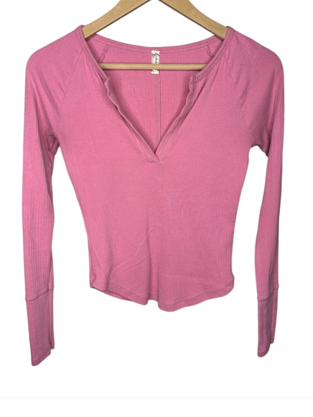 Free People | Pink Ribbed Long Sleeve Top | V-Neck Fitted | Size S - Picture 3 of 7